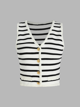 Knit V-neck Striped Button Crop Vest