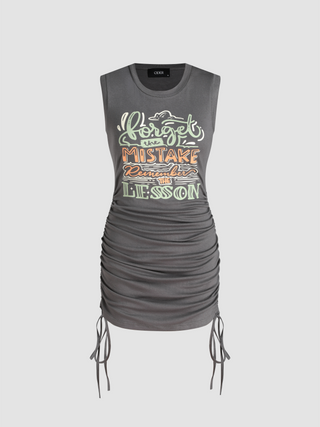 Round Neckline Graphic Drawstring Tank Mini Dress