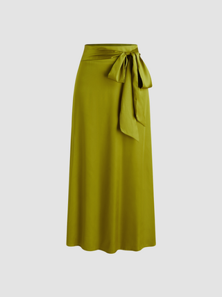 Satin High Waist Solid Bowknot Maxi Skirt