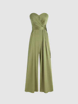 Satin Ruched Tube Solid Wide Leg Jumpsuit