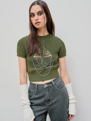 Round Neckline Solid Chain Ripped Knitted Short Sleeve Crop Top