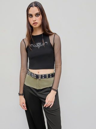 Jersey Round Neckline Graphic Contrast Mesh Crop Long Sleeve Tee