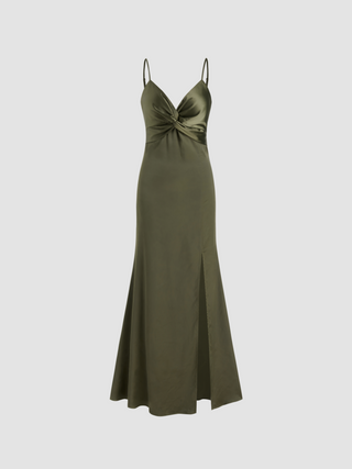 Satin V-neck Solid Twist Split Maxi Dress
