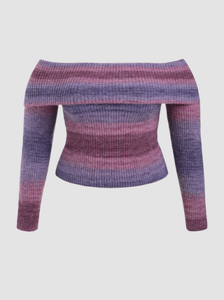 Off-shoulder Striped Knitted Wool-blend Long Sleeve Sweater Curve & Plus