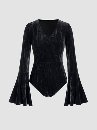 Velvet V-neck Bell Sleeve Button Bodysuit