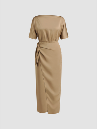 Off-shoulder Solid Split Knotted Maxi Dress