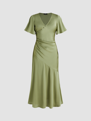 Satin V-neck Button Mermaid Midi Dress