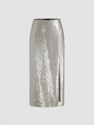 Sequin Mid Waist Metallic Split Maxi Skirt