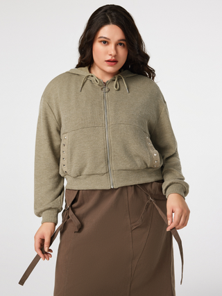 Rib Zipper Up Pocket Rhinestone Hoodie Curve & Plus