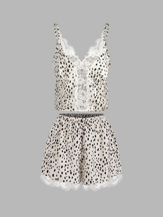Satin V-neck Leopard Lace Crop Tank Top & High Waist Shorts Pajama Set