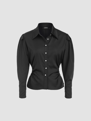 Satin Collar Button Gigot Sleeve Blouse