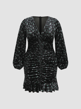 Velvet V-neck Floral Drawstring Ruched Mini Dress Curve & Plus