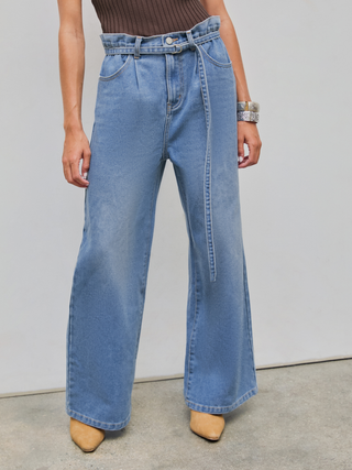 Middle Waist Solid Belted Baggy Wide Leg Jeans