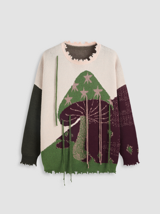 Round Neck Mushroom Ripped Knitted Long Sleeve Sweater Curve & Plus