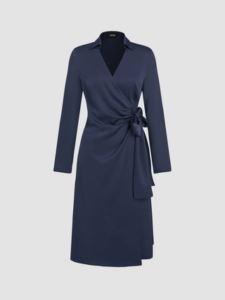 Satin V-neck Wrap Knotted Midi Dress