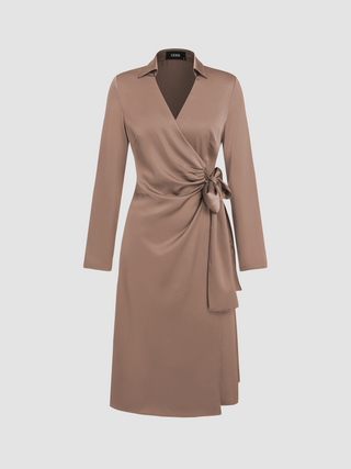 Satin V-neck Wrap Knotted Midi Dress