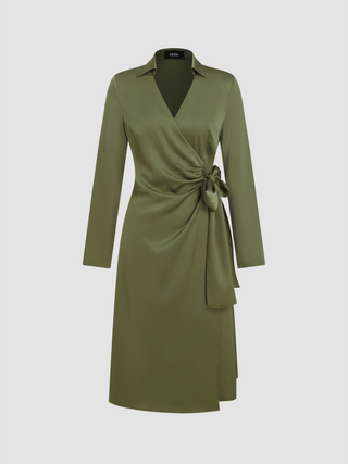 Satin V-neck Wrap Knotted Midi Dress