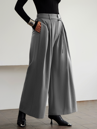 Mid Waist Striped Pocket Button Pleated Wide Leg Trousers