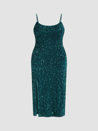 Sequin Scoop Neckline Split Midi Dress Curve & Plus