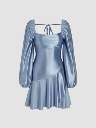 Satin Square Neck Solid Ruffle Mini Dress