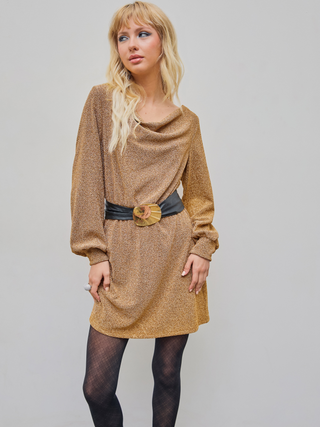 Metallic Round Neck Button Mini Dress
