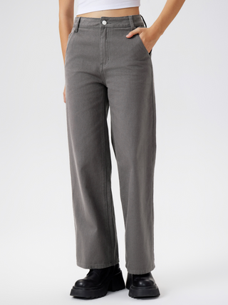 Mid Rise Solid Button Straight Leg Jeans