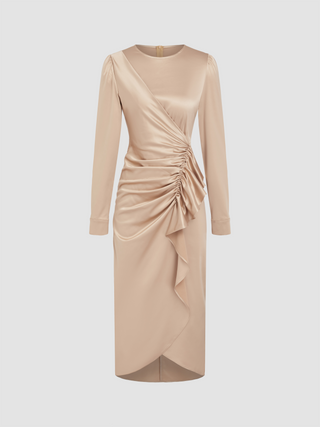 Satin Round Neckline Ruffle Button Midi Dress