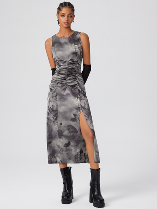 Satin Round Neck Floral Split Maxi Dress