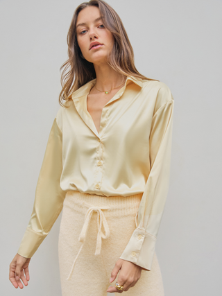 Satin Collar Solid Button Long Sleeve Shirt