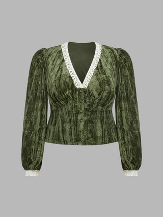 Velvet V-neck Floral Button Long Sleeve Blouse  Curve & Plus