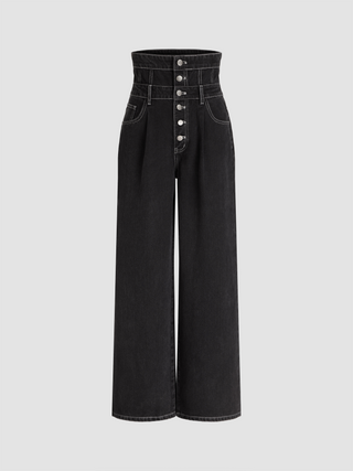 Mid Waist Solid Stitch Pocket Wide Leg Jeans