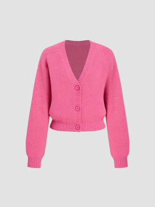 Knit V-neck Lantern Sleeve Button Cardigan