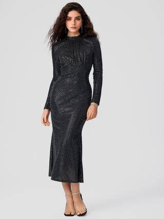 Sequin Stand Collar Solid Mermaid Maxi Dress