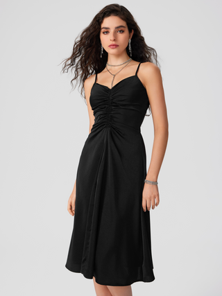 Satin Sweetheart Solid Ruched Midi Dress