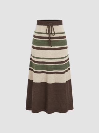 Knit Middle Waist Contrasting Ruffle Midi Skirt