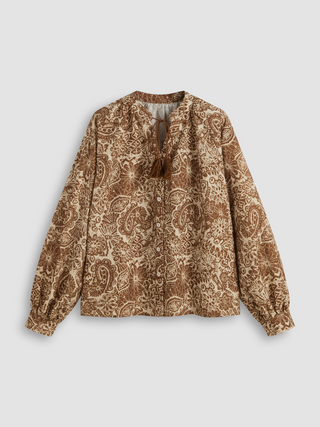 Paisley Drawstring Long Sleeve Blouse