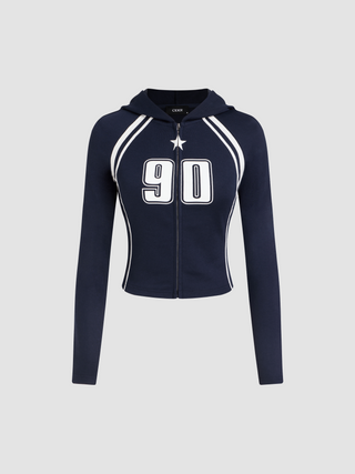 Knit Round Neck Graphic Zipper Hoodie