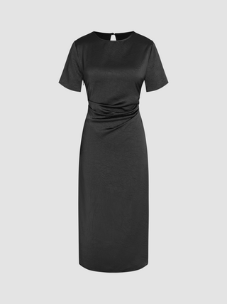 Satin Round Neck Texture Belted Midi Dress