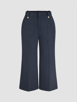 Mid Waist Solid Pocket Button Flared Trousers Curve & Plus