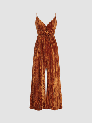 Velvet V-neck Dot Ruched Wide Leg Jumpsuit