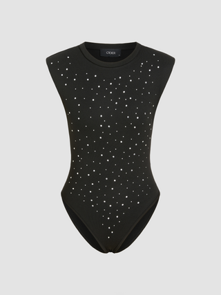 Rib Round Neck Rhinestone Bodysuit