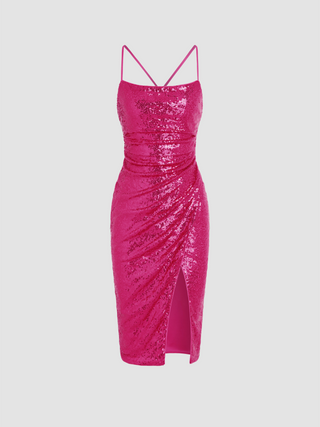 Sequin Square Neck Ruched Split Midi Dress