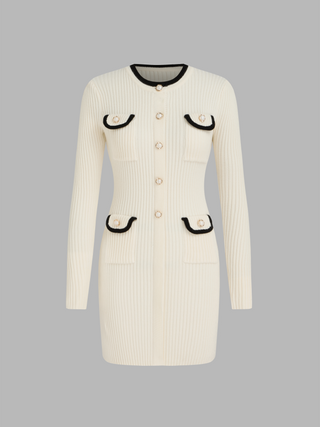 Knit Contrasting Binding Faux Pearl Button Mini Dress