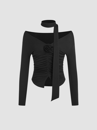 Rib Off-shoulder Rosette Long Sleeve Top With Scarf