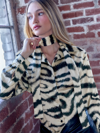 Satin Collar Zebra Stripe Bowknot Blouse