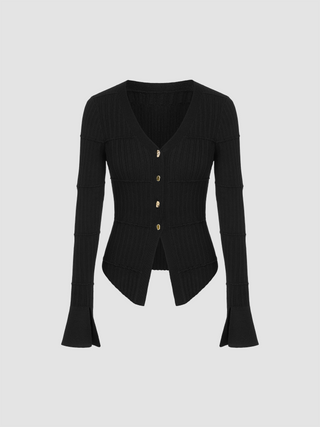 Rib V-neck Metallic Button Bell Sleeve Solid Cardigan