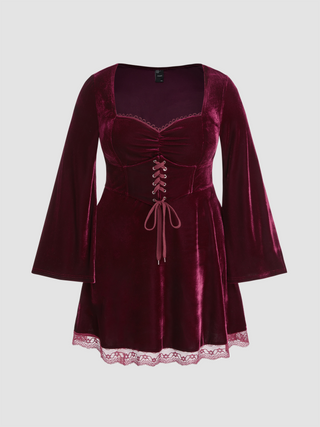 Velvet U-neck Lace Trim Lace Up Mini Dress Curve & Plus