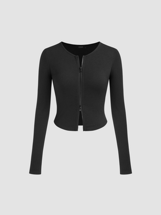 Round Neck Solid Zipper Long Sleeve Top