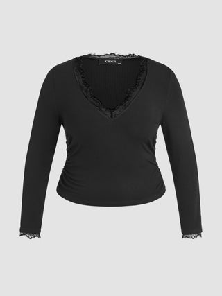 Knitted V-neck Lace Ruched Long Sleeve Top Curve & Plus