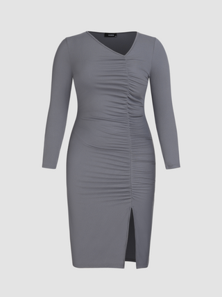 Rib Asymmetrical Neck Solid Ruched Midi Dress Curve & Plus